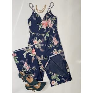 Selfie Leslie blue pink and green tropical floral wide leg jumpsuit